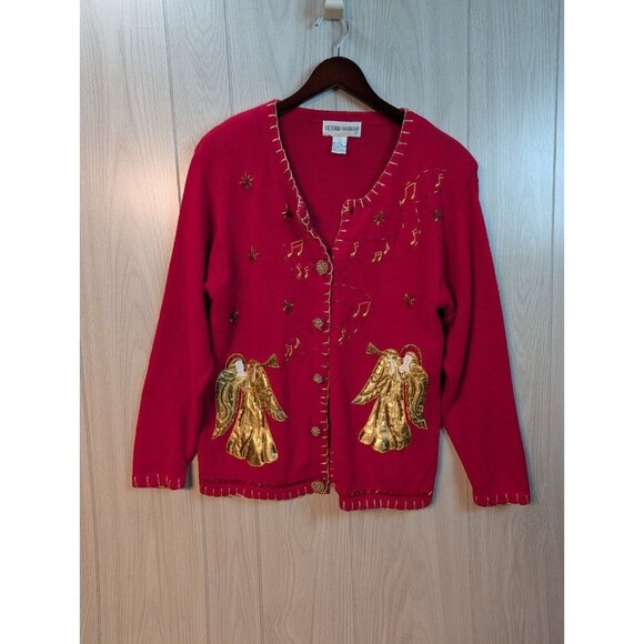 Vtg Christmas Angel Red Knit Sweater Hokiday Gold Button Music Cardigan Large - Picture 1 of 8